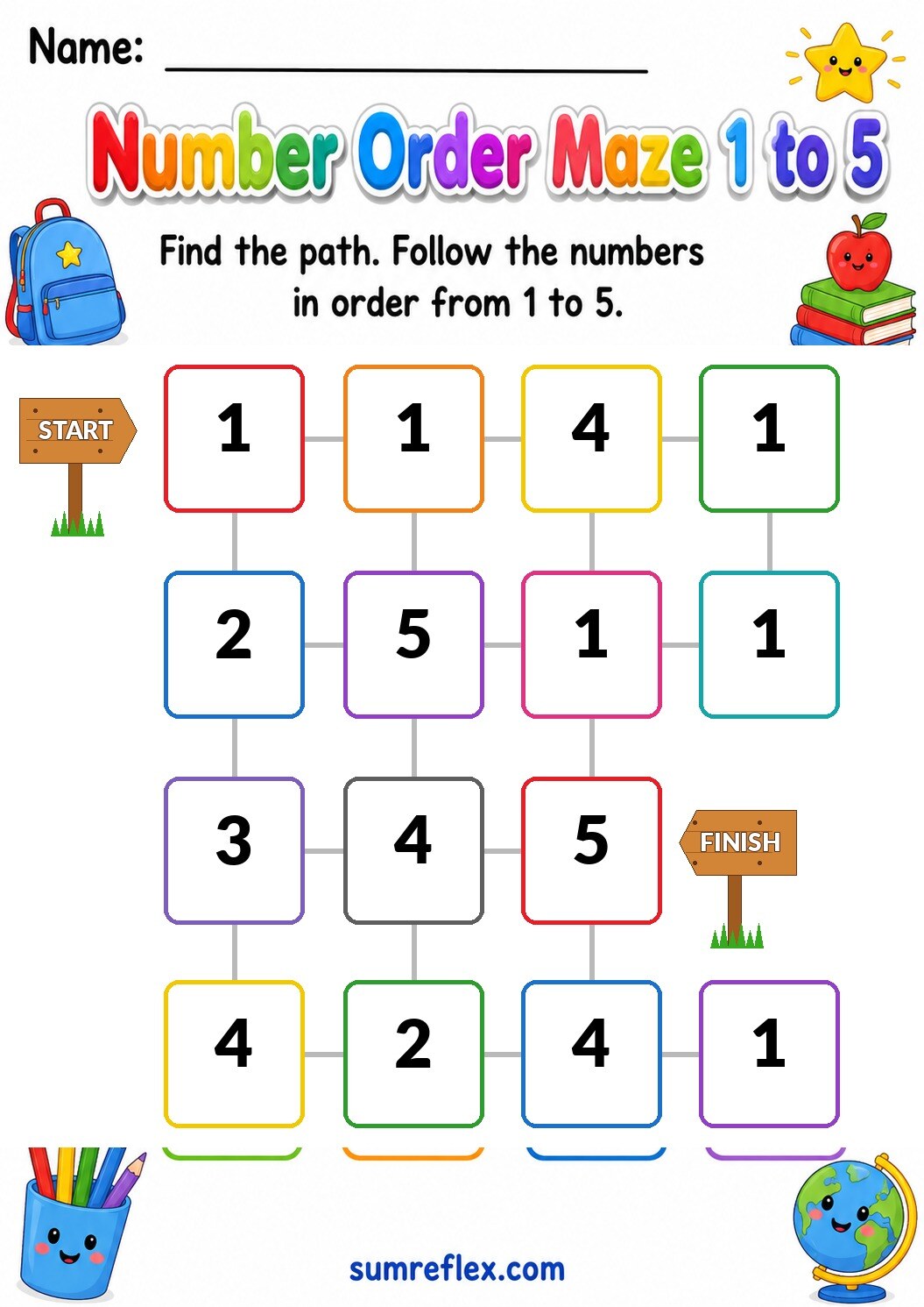 Preschool number order maze worksheet for following numbers in sequence