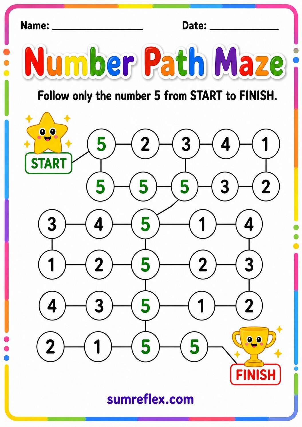 Rainbow number path maze worksheet for preschool visual tracking