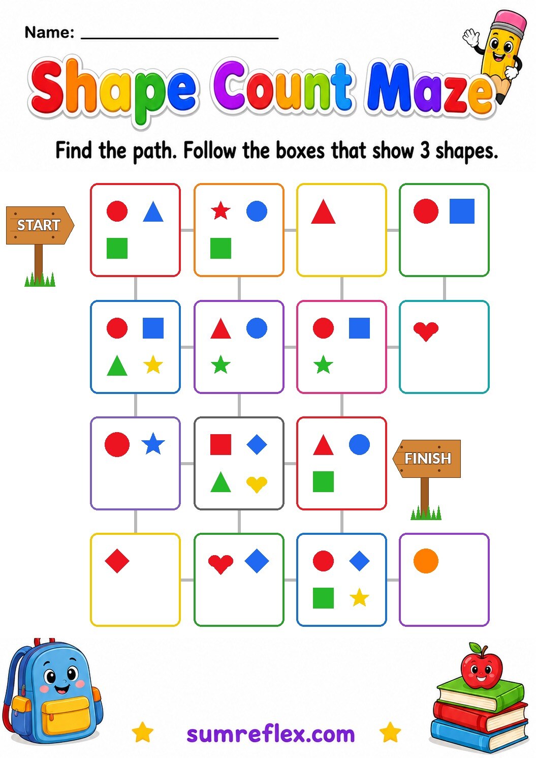 Preschool shape count maze worksheet with shape groups to count along the path
