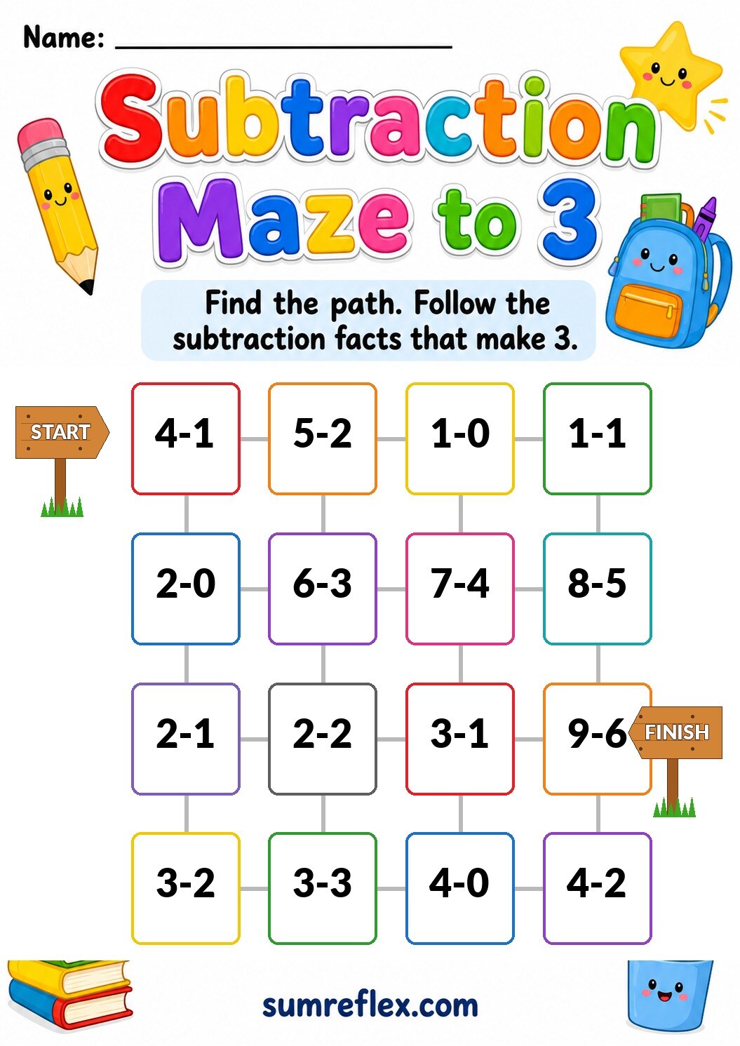 Preschool subtraction maze to 3 worksheet with simple take-away path choices