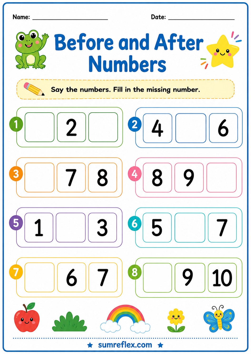 Before and after numbers worksheet for preschool number order