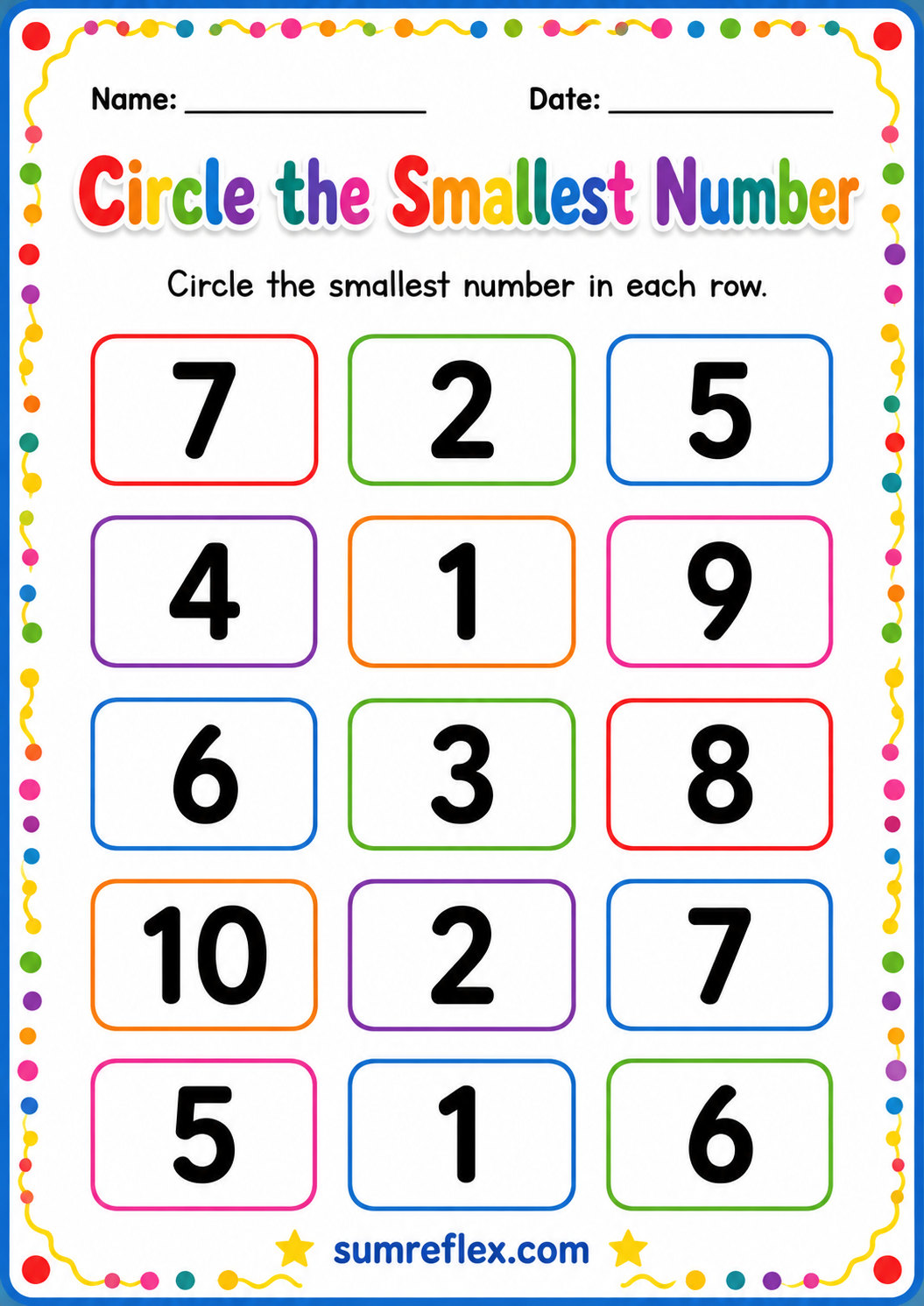 Circle the smallest number worksheet for preschool