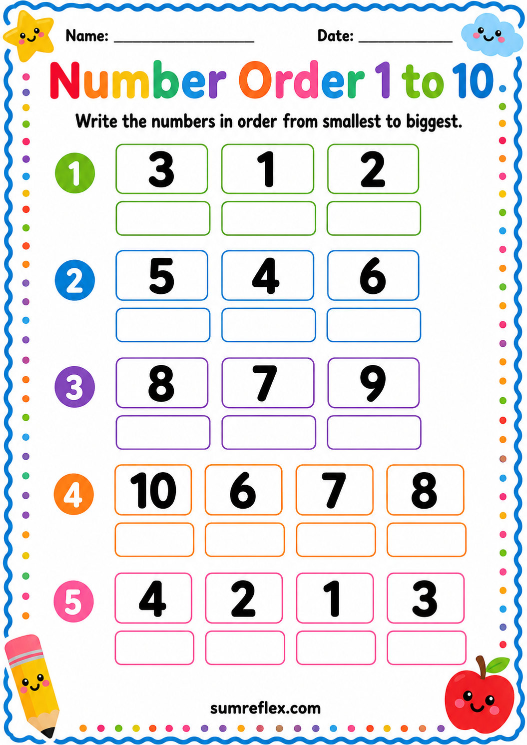 Colorful number order worksheet for preschool