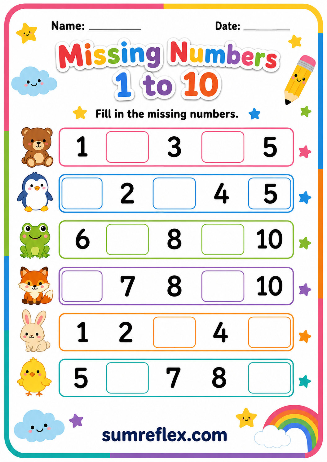 Missing numbers worksheet for preschool number sequence practice
