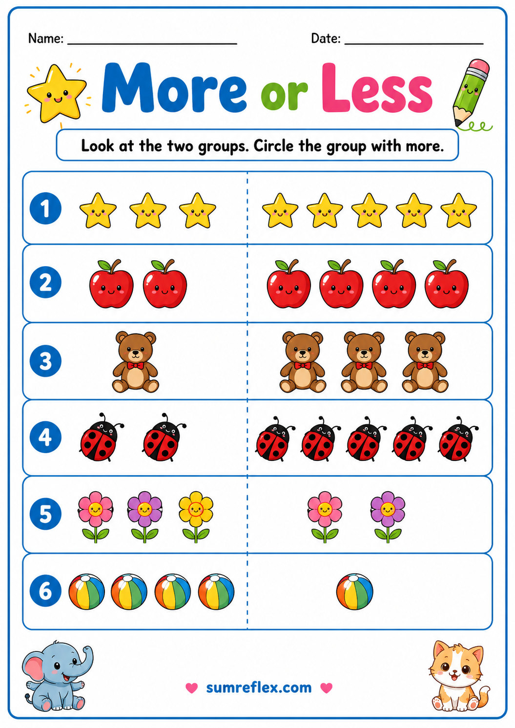 More or less math worksheet for preschool quantity comparison