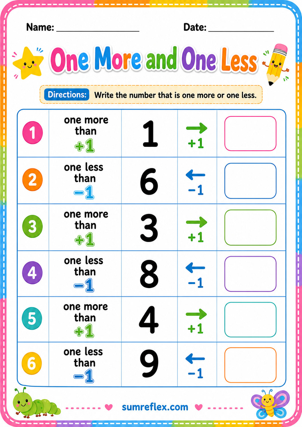 One more one less worksheet for preschool number sense