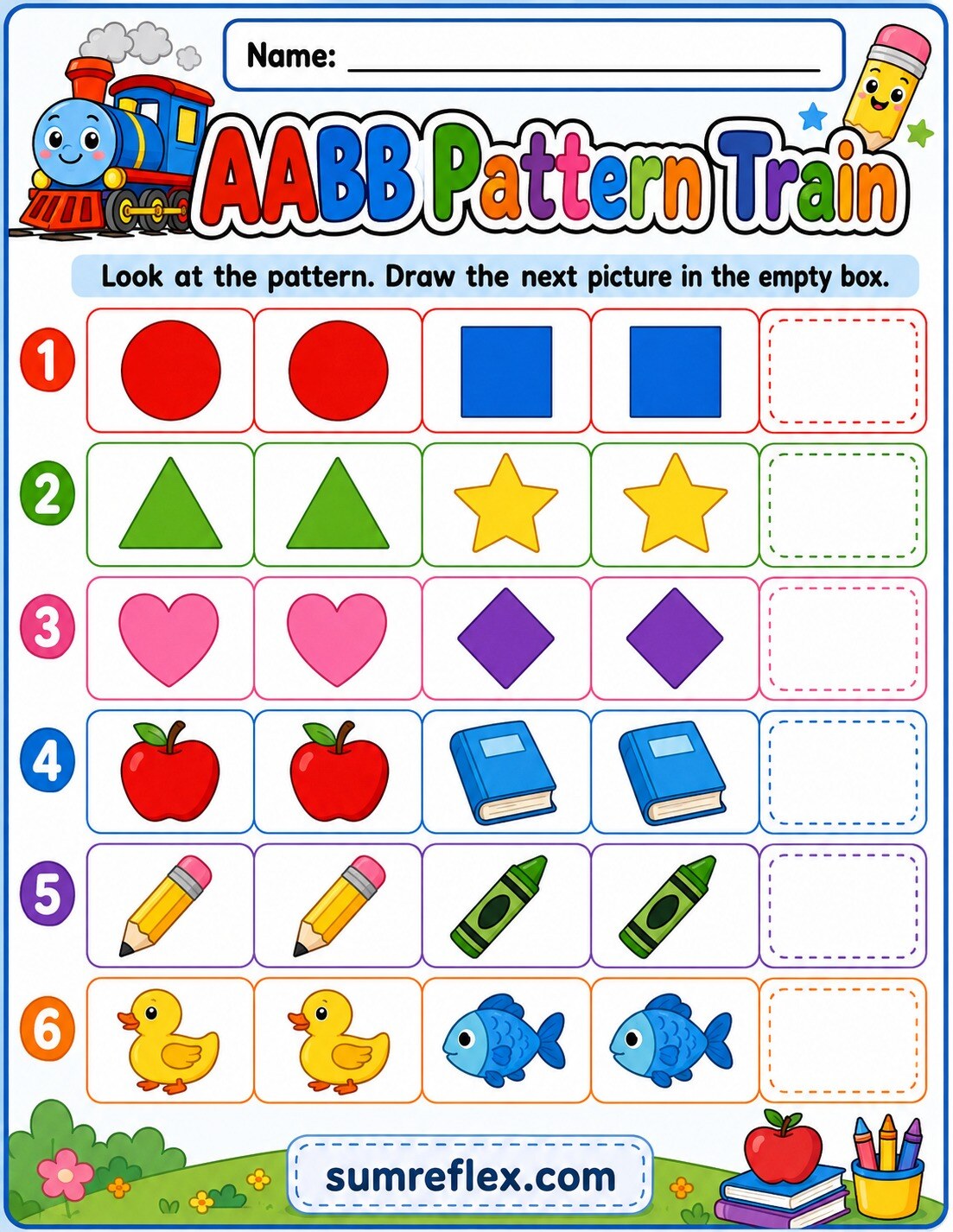 Preschool AABB pattern train worksheet with paired picture sequences