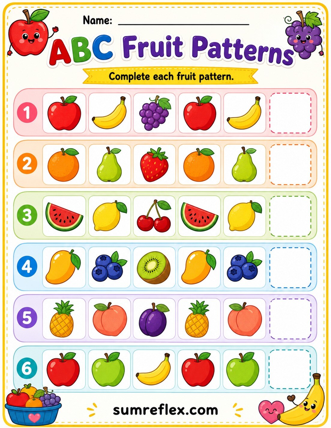 Preschool ABC fruit patterns worksheet with fruit picture sequences