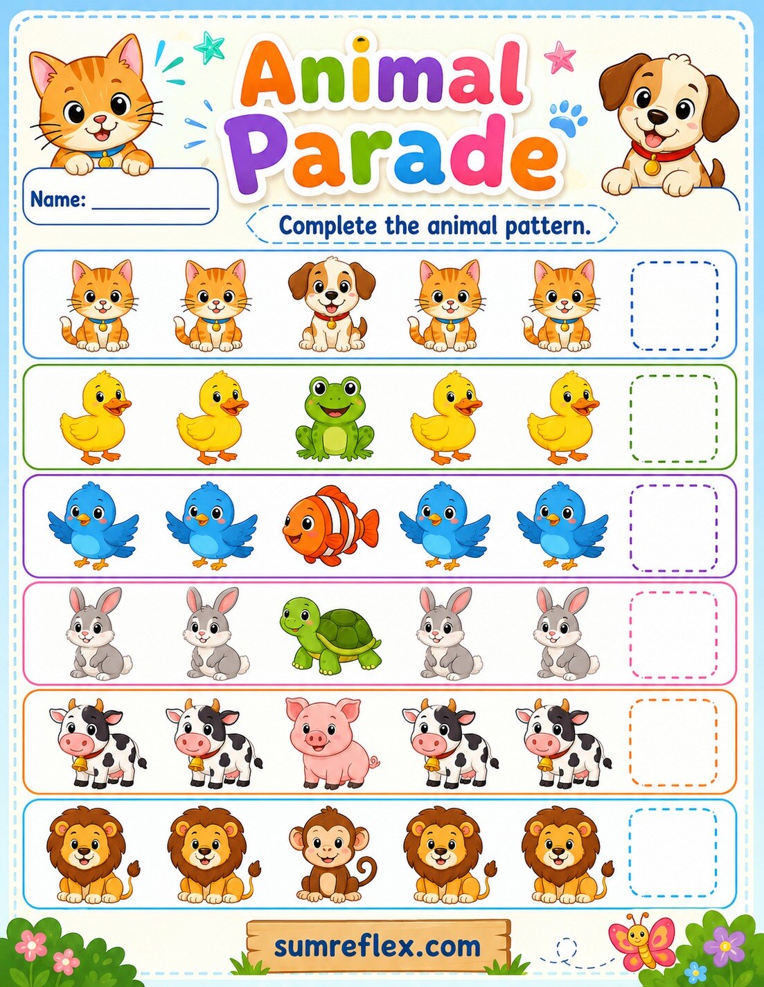 Preschool animal parade patterns worksheet with repeating animal rows
