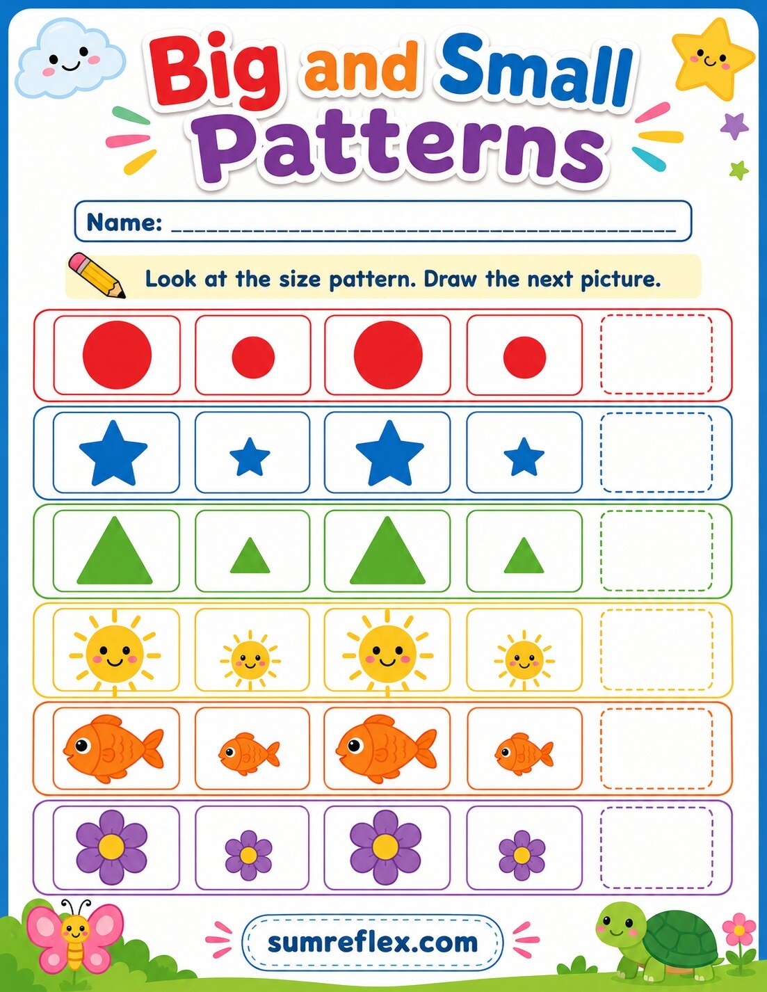 Preschool big and small patterns worksheet with size-based picture rows
