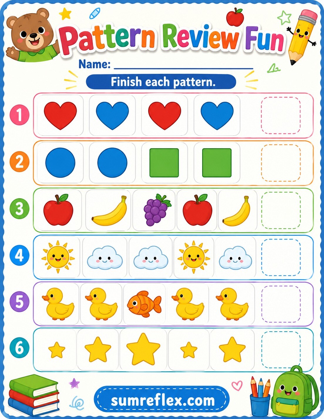 Preschool color pattern fun worksheet with simple repeating color rows