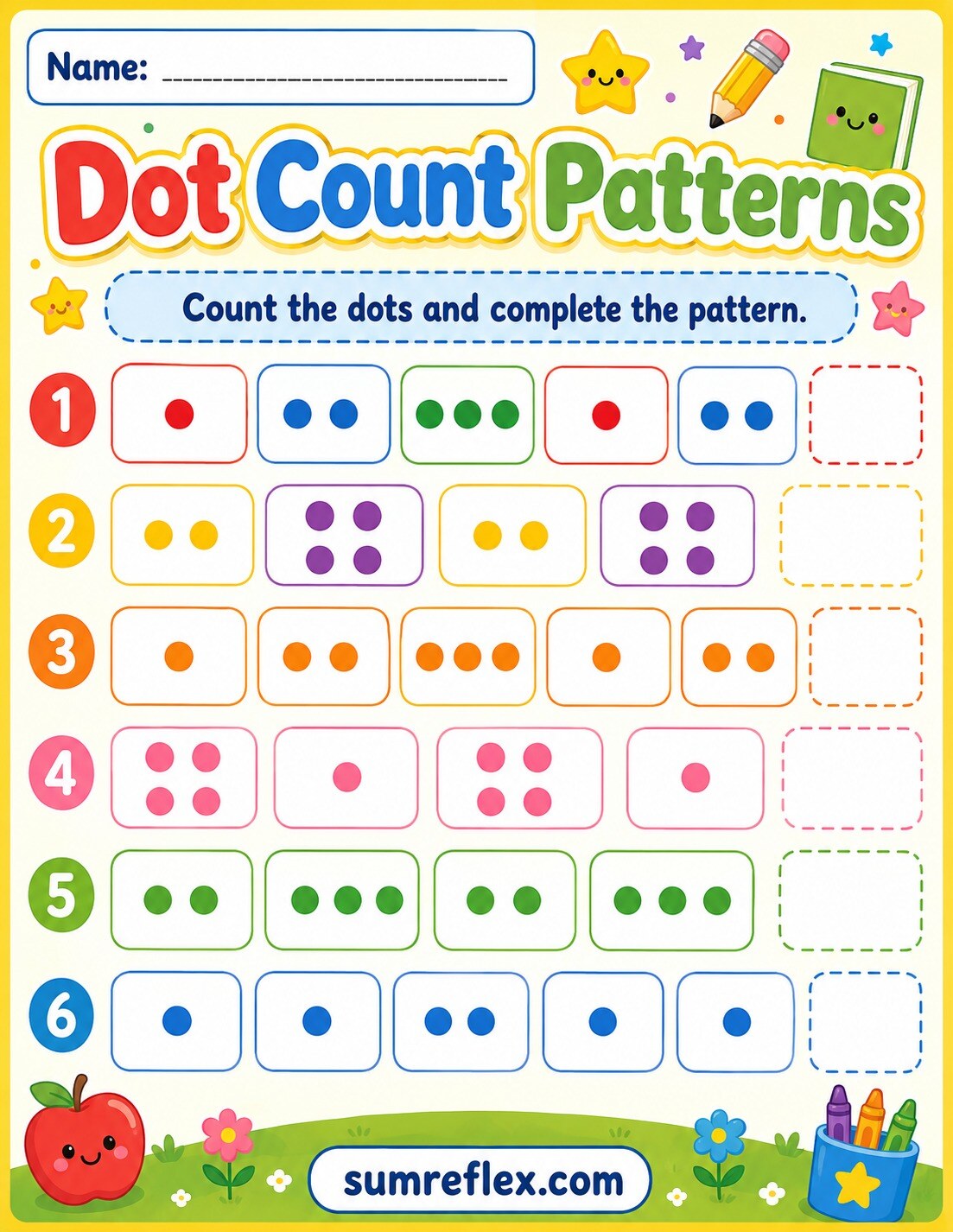 Preschool dot count patterns worksheet with dot groups in repeating rows