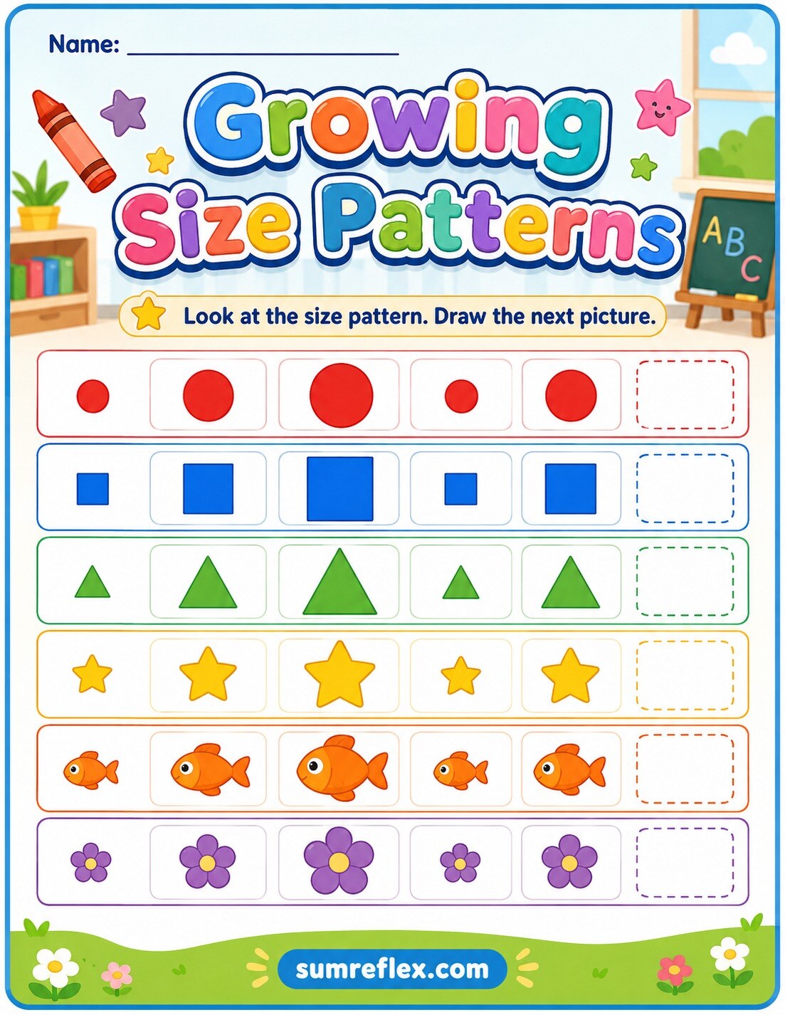 Preschool growing size patterns worksheet with small medium and large picture rows