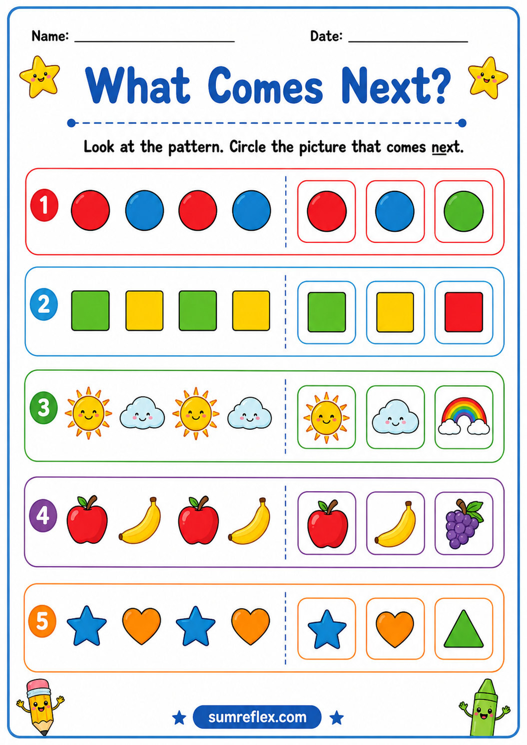 Preschool pattern recognition worksheet with repeating visual sequences