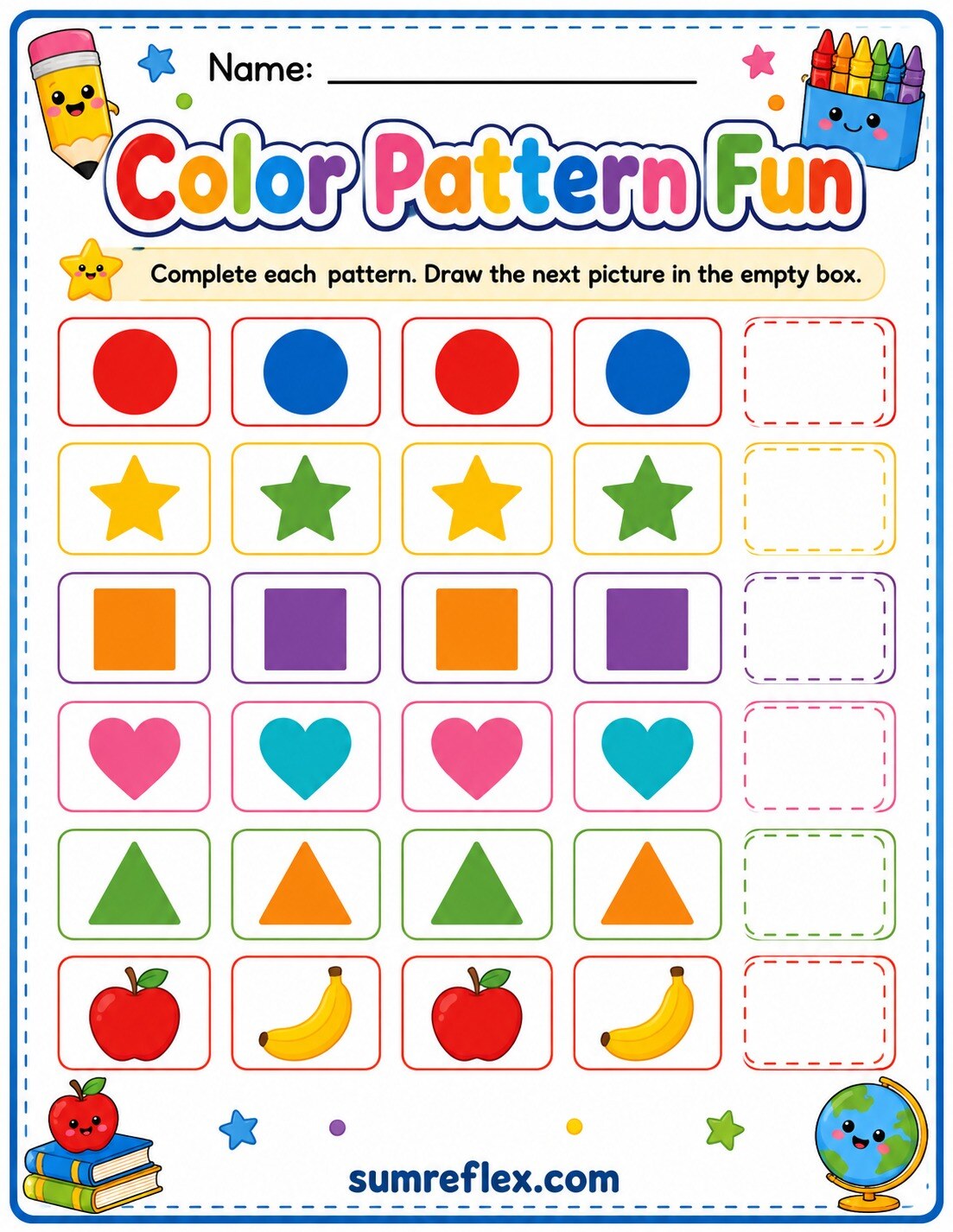 Preschool pattern review fun worksheet with mixed repeating picture sequences