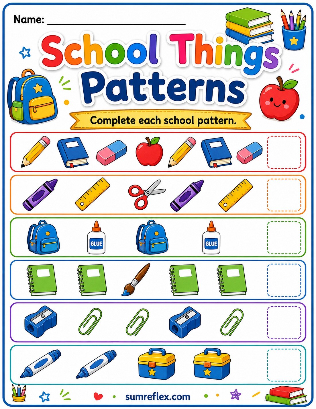 Preschool school things patterns worksheet with classroom object sequences