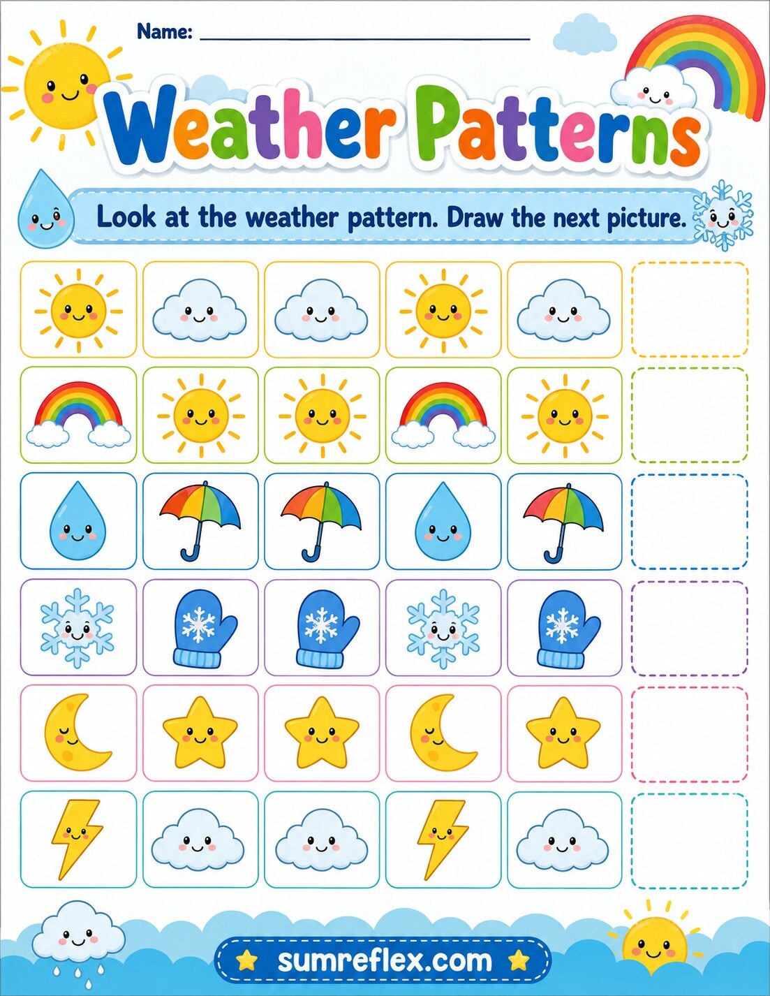Preschool weather patterns worksheet with sun cloud rain rainbow and snow sequences