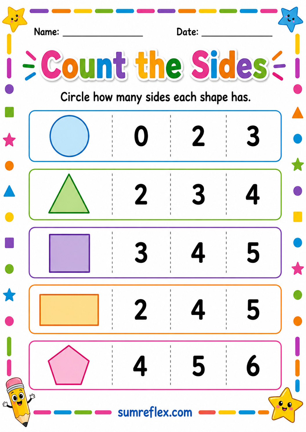 Count the sides worksheet for preschool shapes