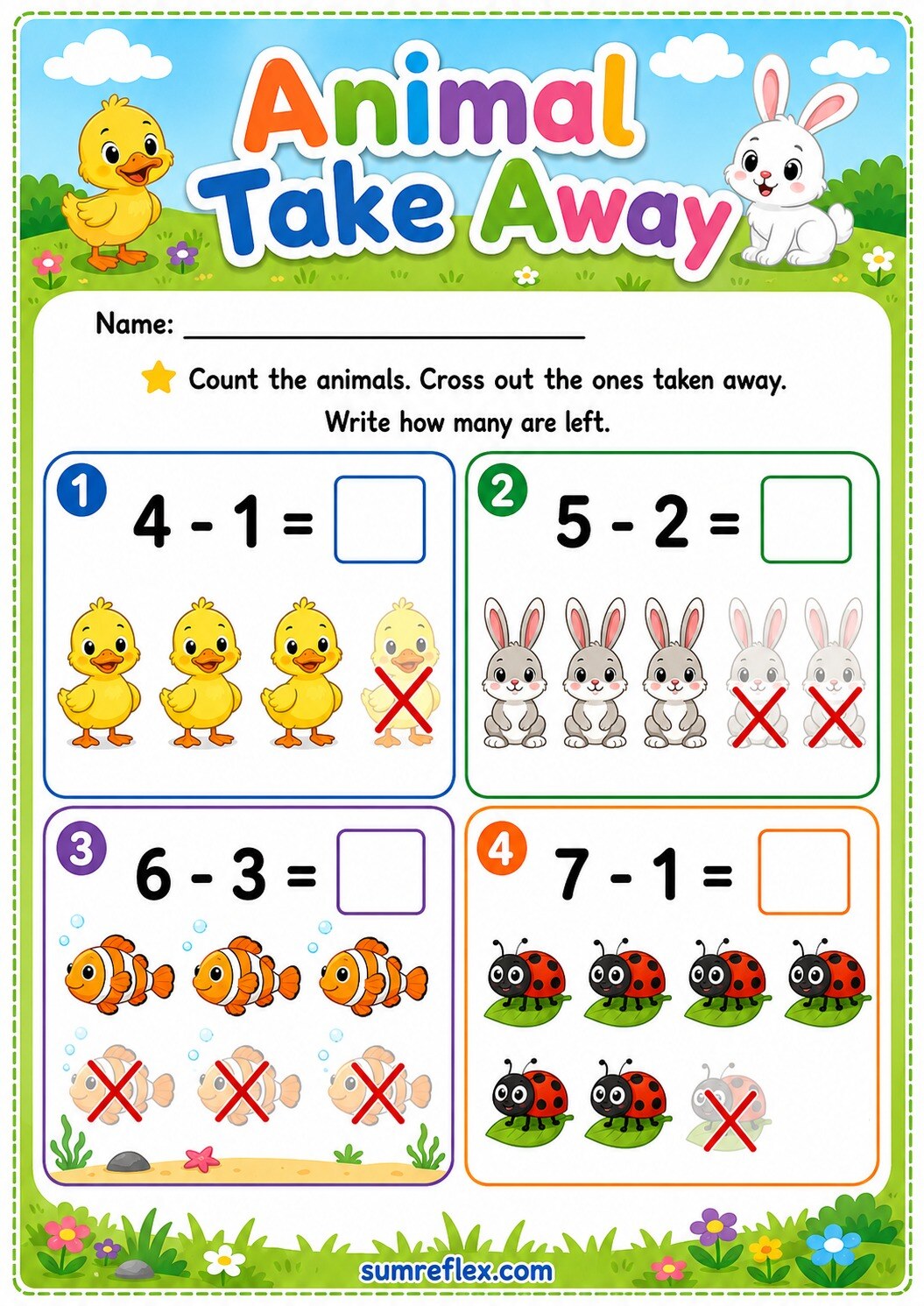 Preschool animal take away worksheet with animal pictures to cross out