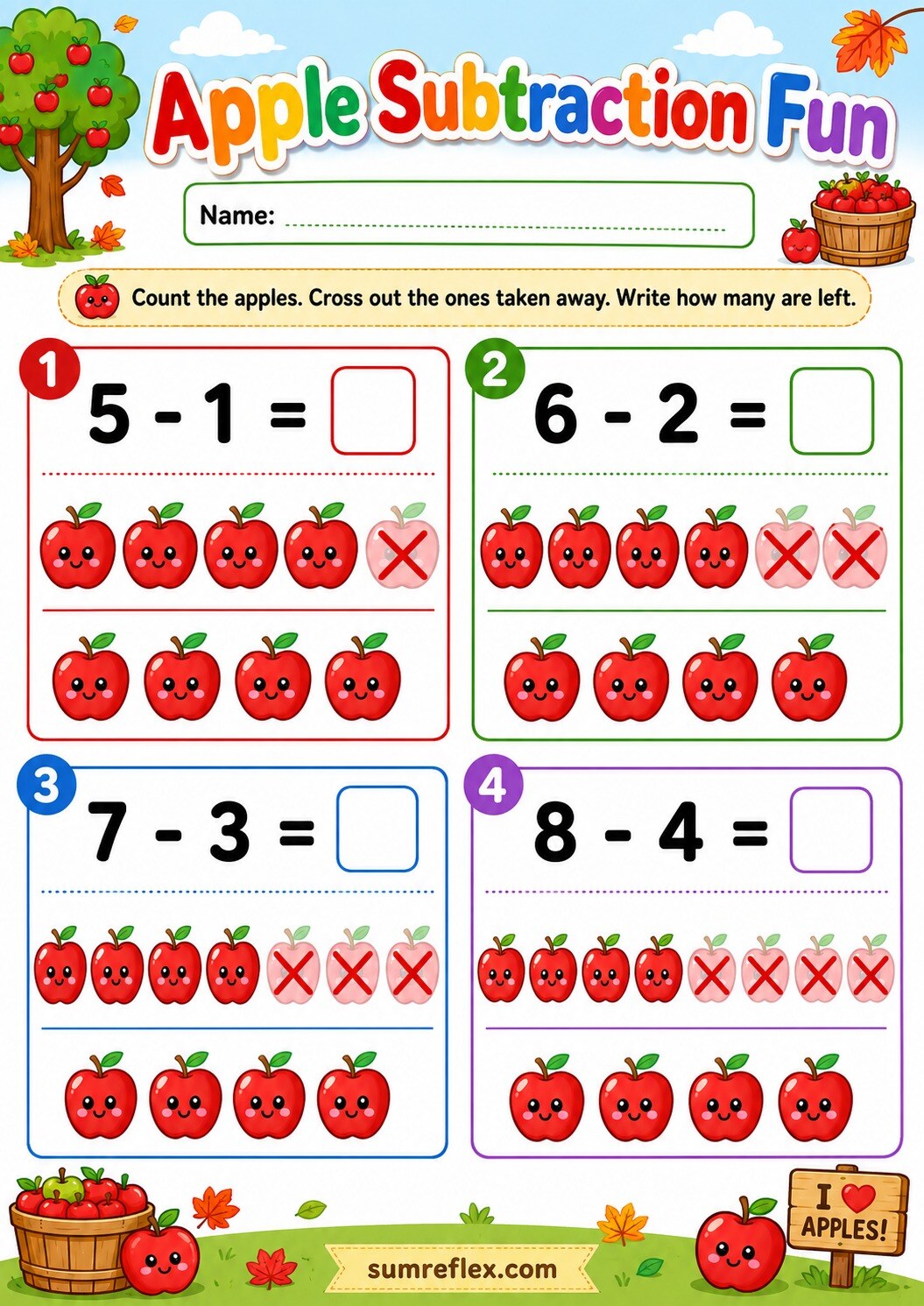 Preschool apple subtraction worksheet with apples crossed out in small take-away problems