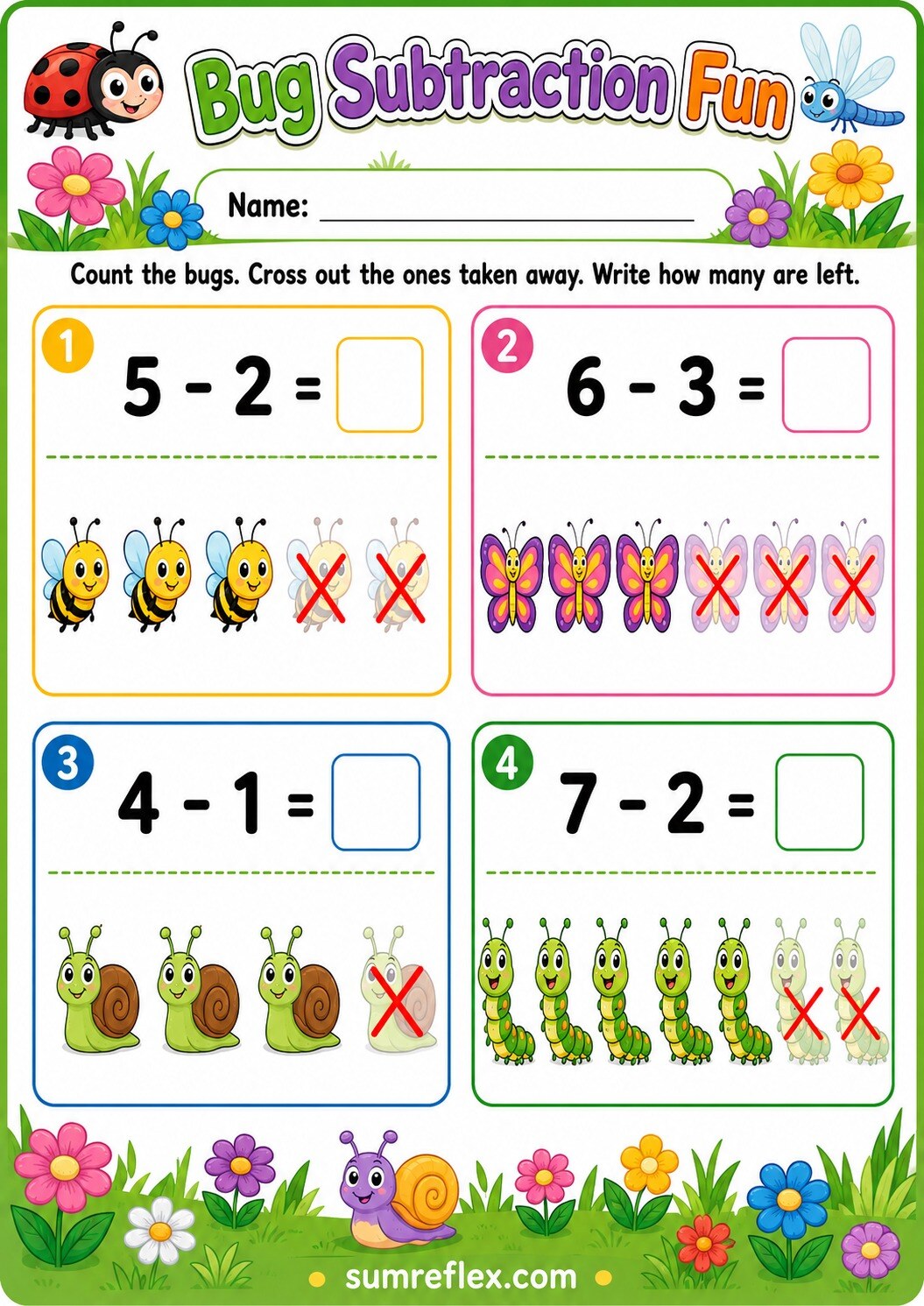 Preschool bug subtraction worksheet with insect groups to cross out