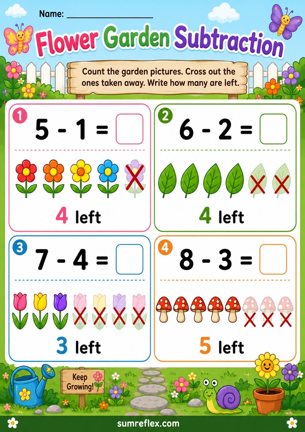 Preschool flower garden subtraction worksheet with plants and flowers to cross out