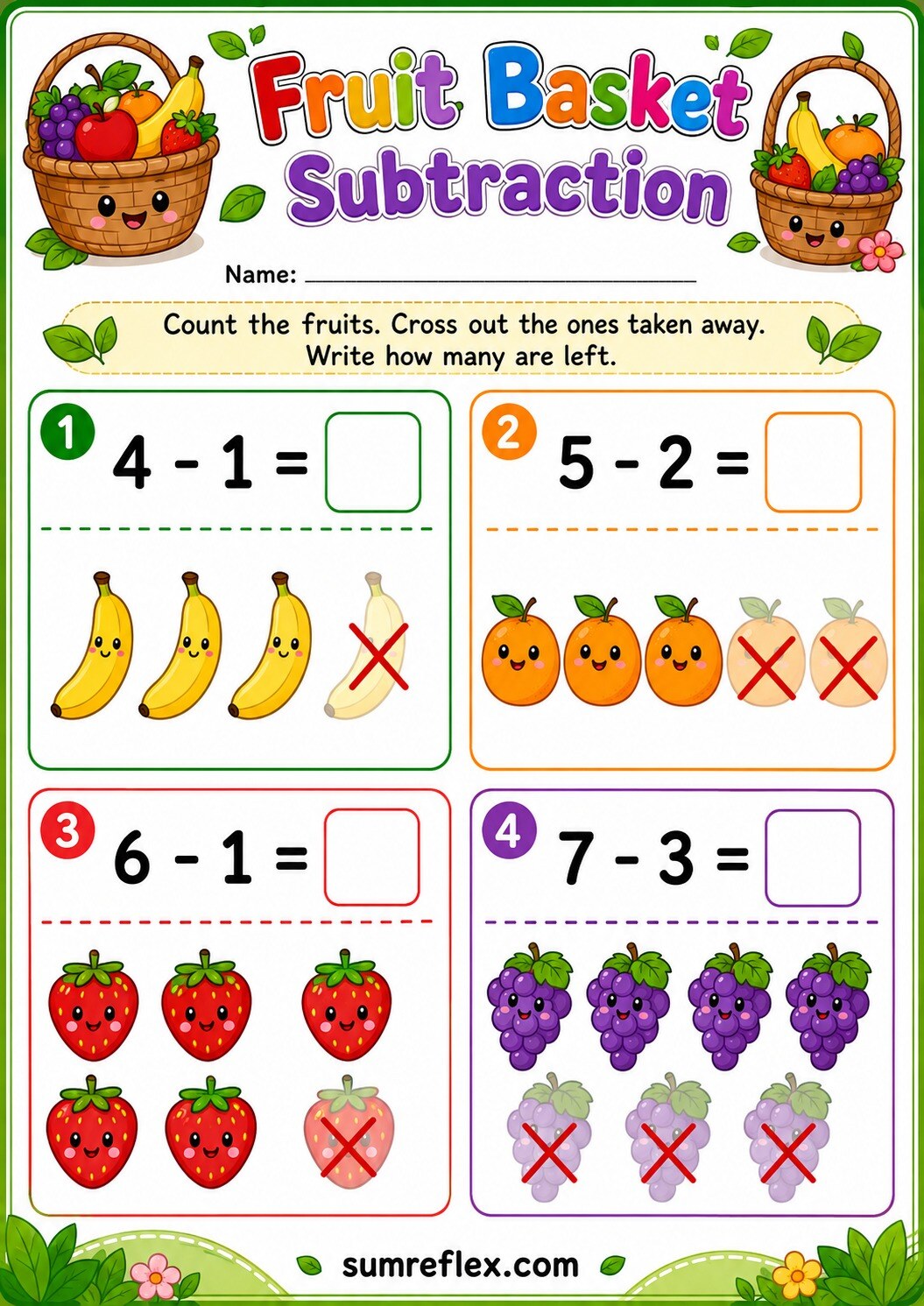 Preschool fruit basket subtraction worksheet with fruit pictures to cross out