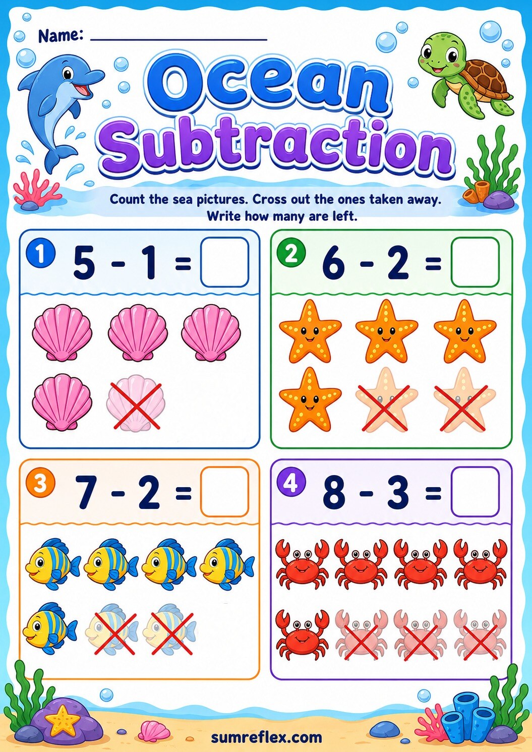 Preschool ocean subtraction worksheet with sea creatures and shells to cross out