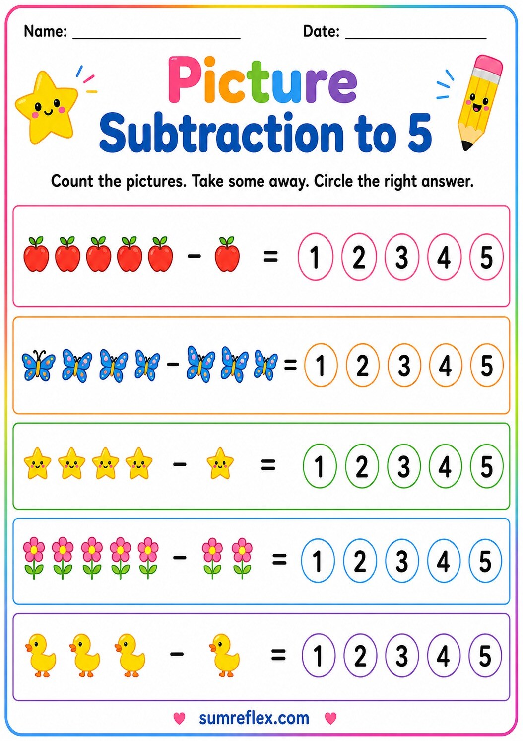 Preschool picture subtraction worksheet with objects to take away