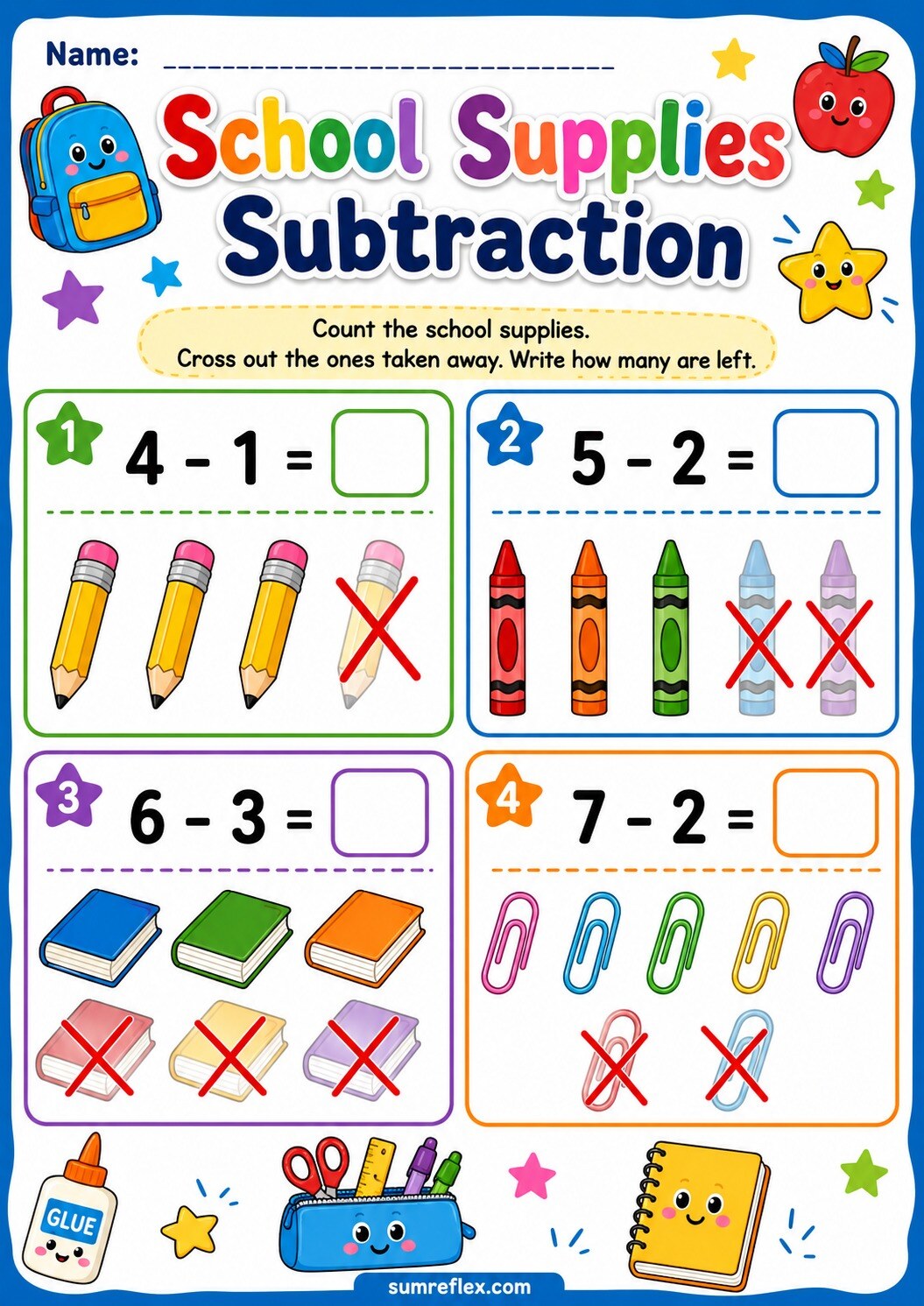 Preschool school supplies subtraction worksheet with classroom items to cross out