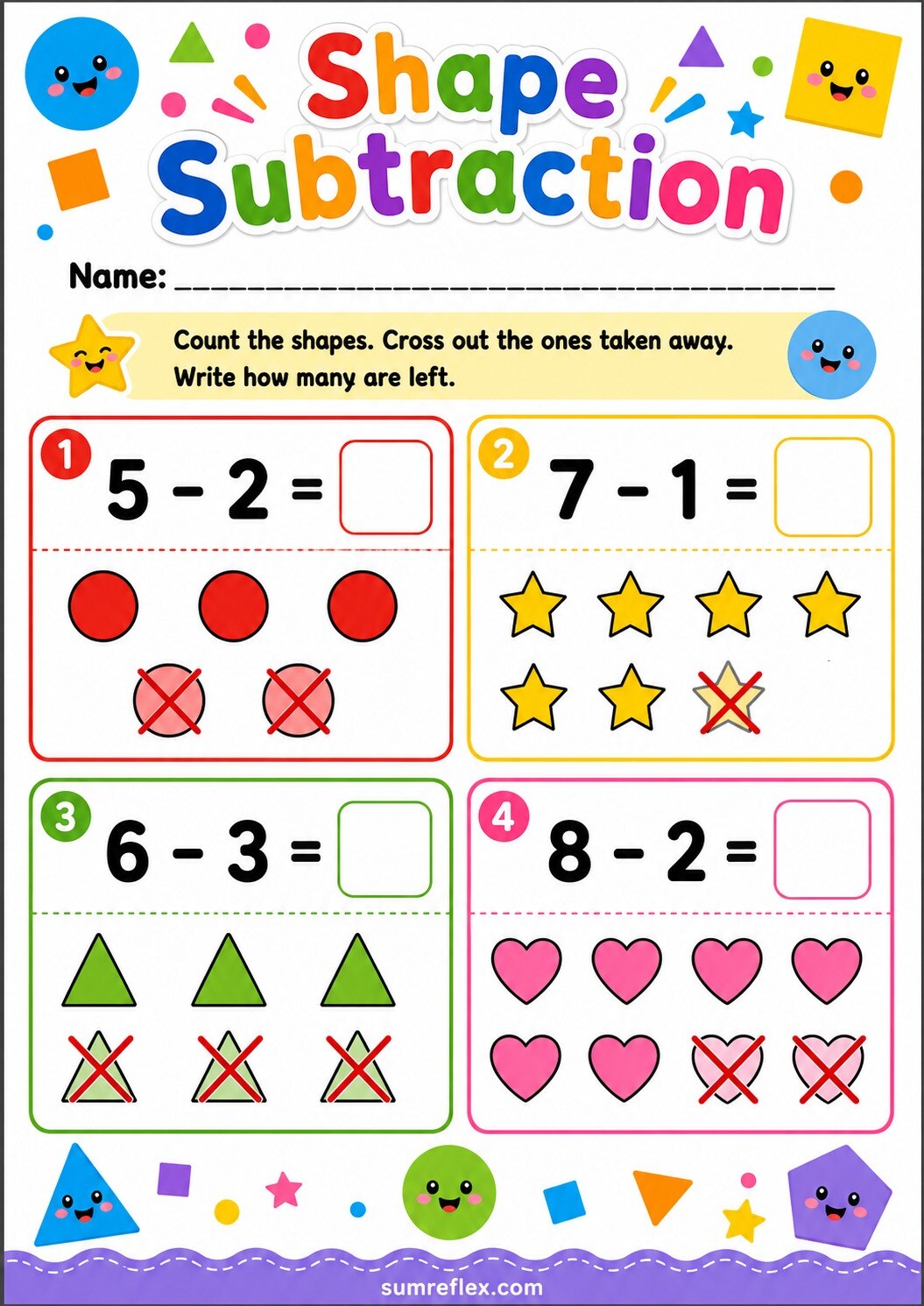 Preschool shape subtraction worksheet with geometric shapes to cross out
