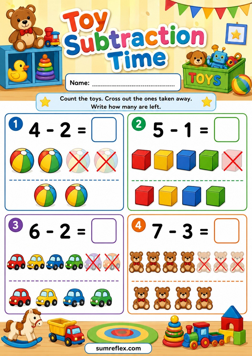 Preschool toy subtraction worksheet with toys crossed out in take-away problems