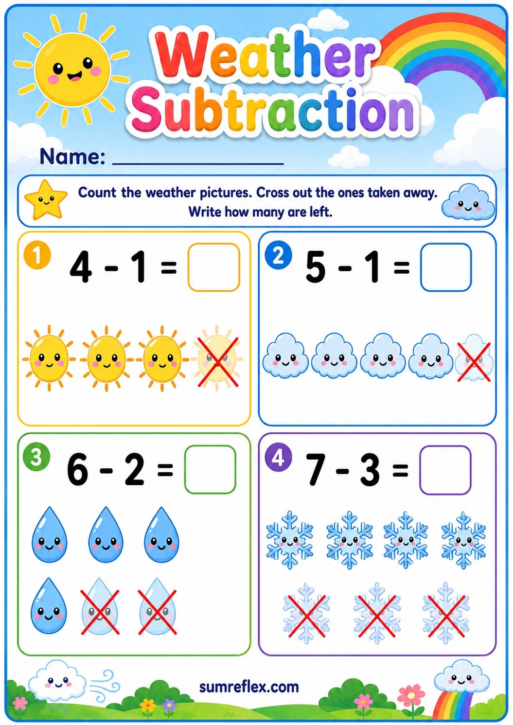 Preschool weather subtraction worksheet with weather icons to cross out