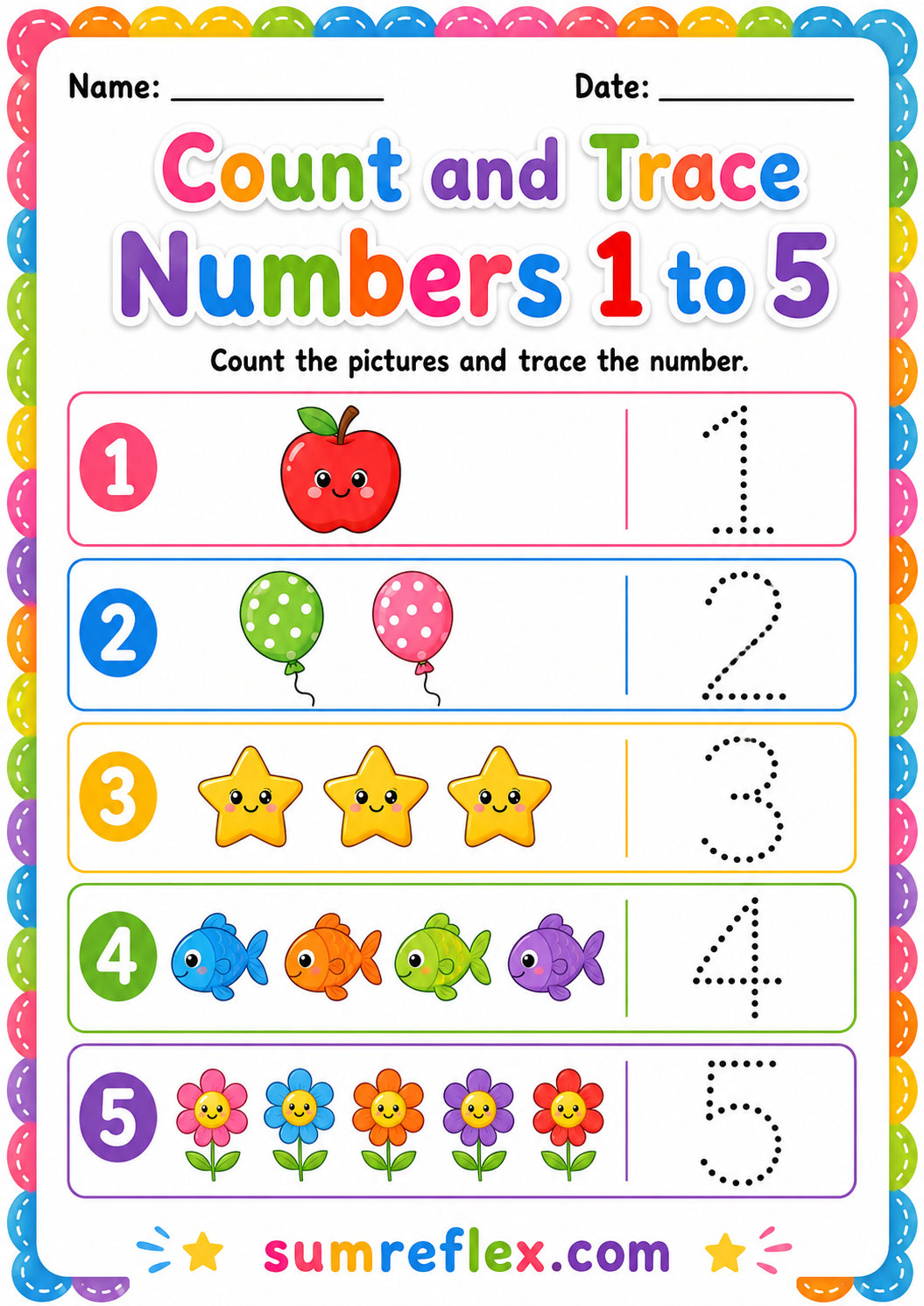 Count and trace numbers 1 to 5 worksheet for preschool