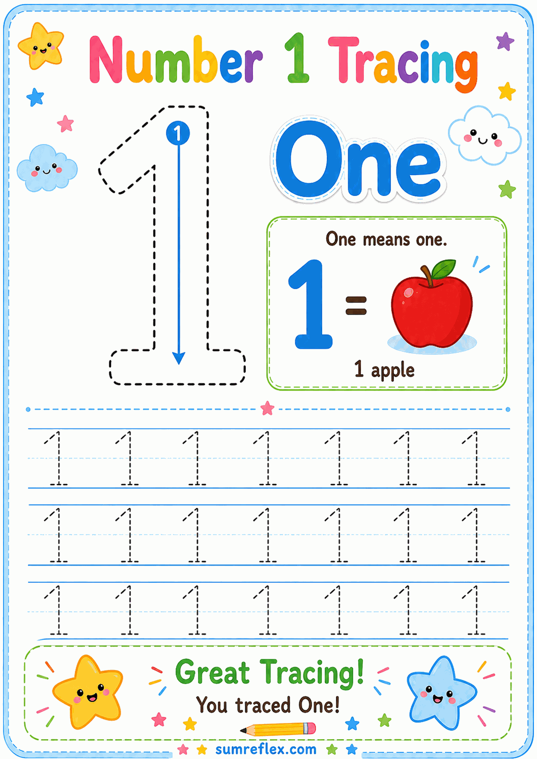 Number 1 tracing worksheet with dotted numeral practice