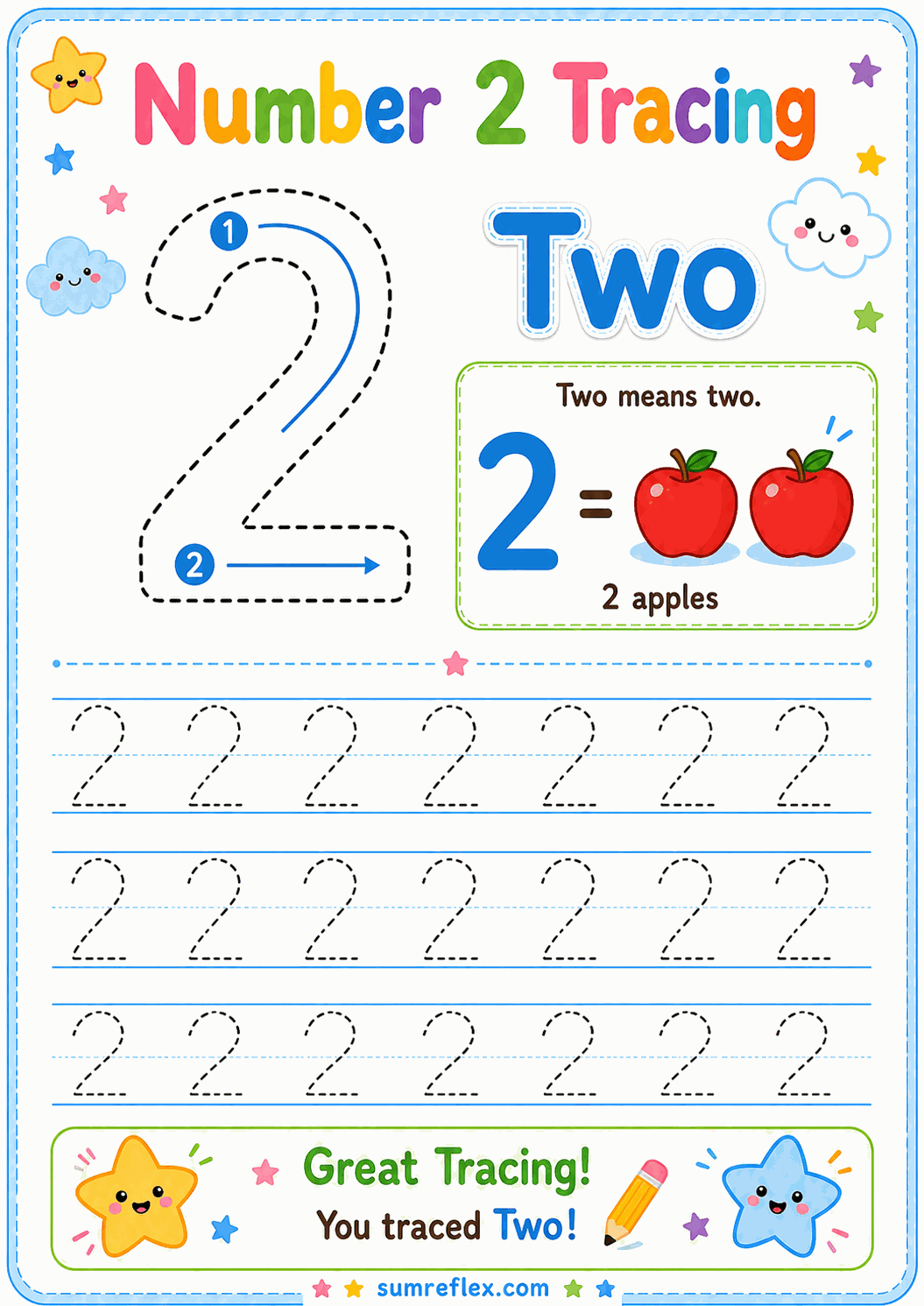 Number 2 tracing worksheet for preschool handwriting practice