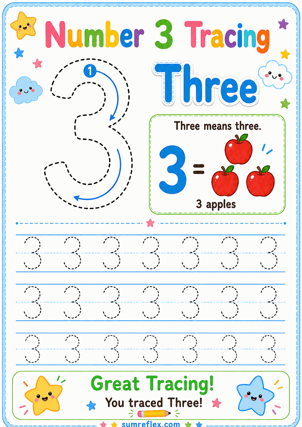 Number 3 tracing worksheet with dotted practice lines