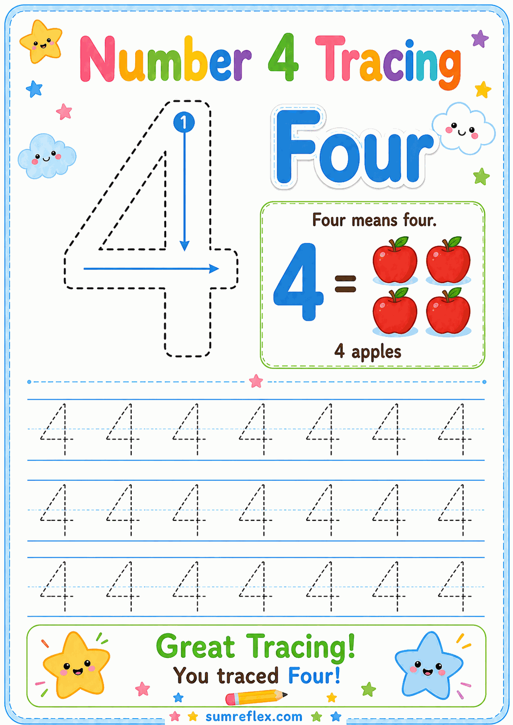 Number 4 tracing worksheet for preschool numeral formation