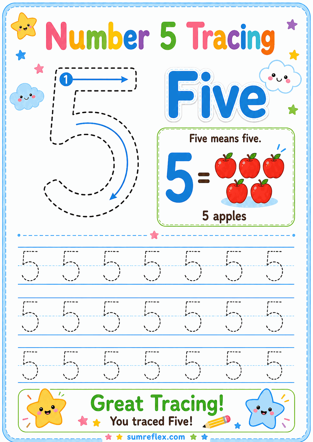 Number 5 tracing worksheet with dotted numeral guides
