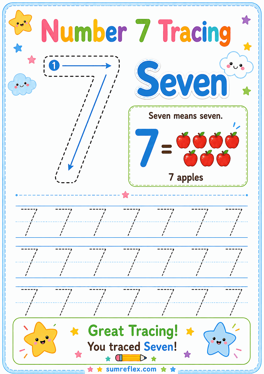 Number 7 tracing worksheet with dotted guides