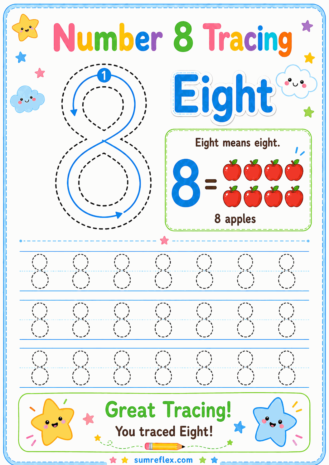 Number 8 tracing worksheet for preschool numeral writing