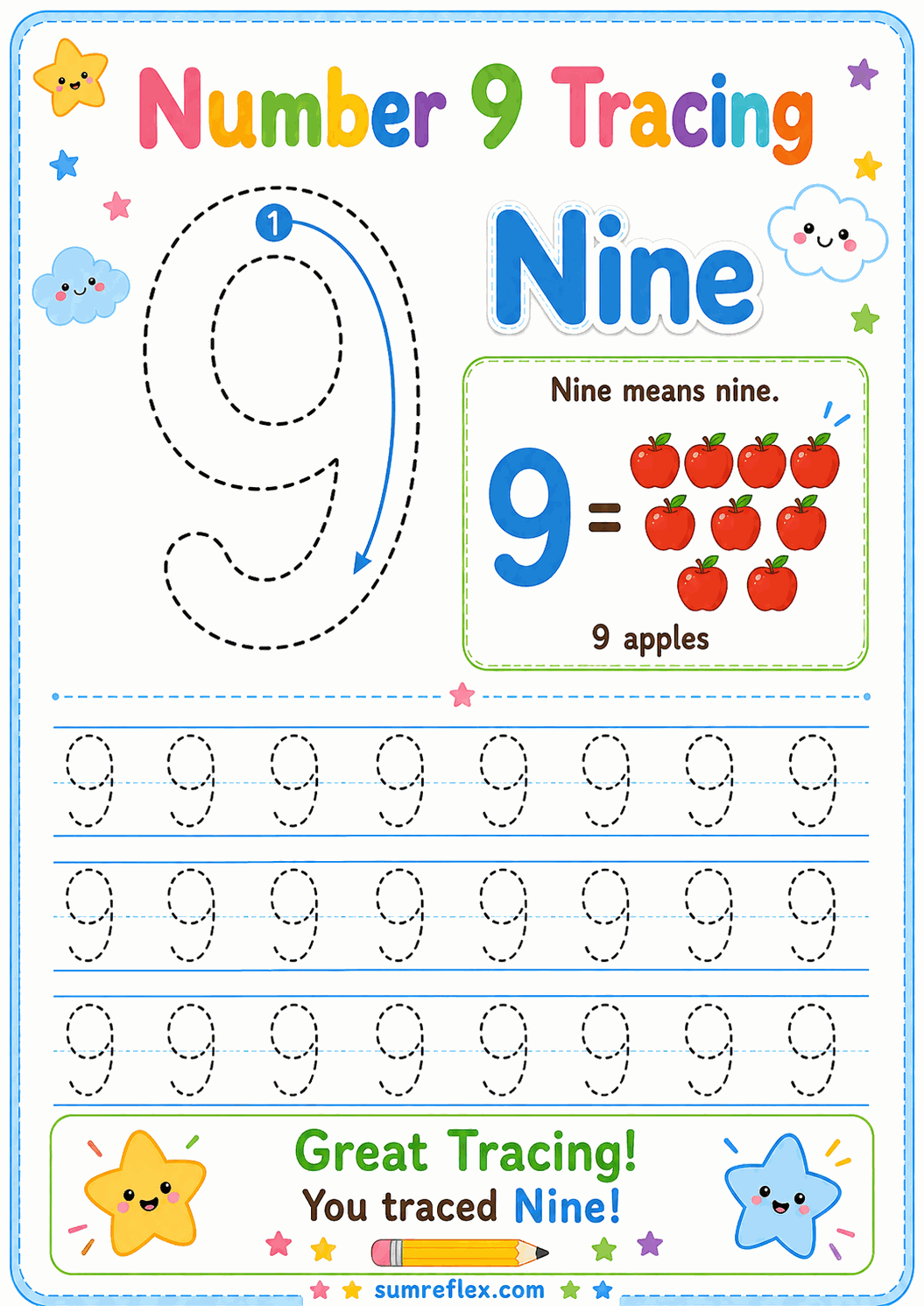 Number 9 tracing worksheet with dotted numeral practice