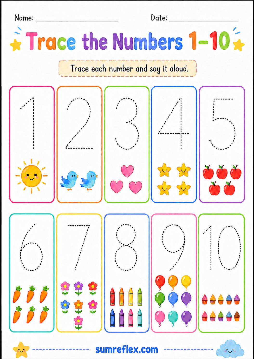 Trace the numbers 1 to 10 worksheet for preschool